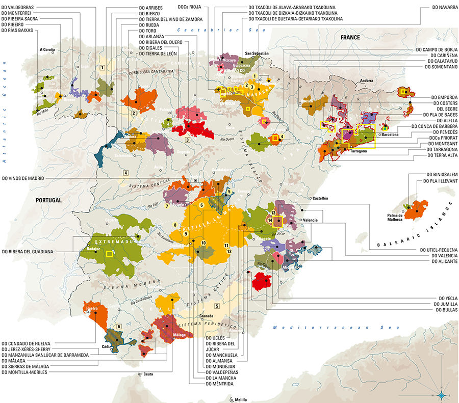Wijnkaart van Spanje met alle wijnregio's